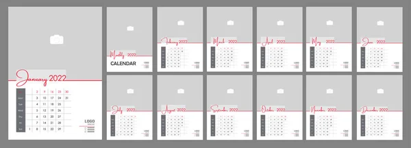 Wall Monthly Fotoğraf Takvimi 2022. İngilizce 2022 yılı için aylık dikey fotoğraf takvimi düzeni. Takvim, 12 aylık şablon. Hafta pazar günü başlıyor. Vektör illüstrasyonu