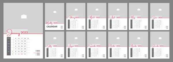 Wall Monthly Fotoğraf Takvimi 2022. İngilizce 2022 yılı için aylık dikey fotoğraf takvimi düzeni. Takvim, 12 aylık şablon. Hafta pazartesiden itibaren başlıyor. Vektör illüstrasyonu
