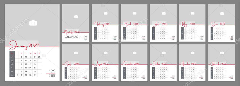 Wall Monthly Photo Calendar 2022. Simple monthly vertical photo calendar Layout for 2022 year in English. Cover Calendar, 12 months templates. Week starts from Sunday. Vector illustration