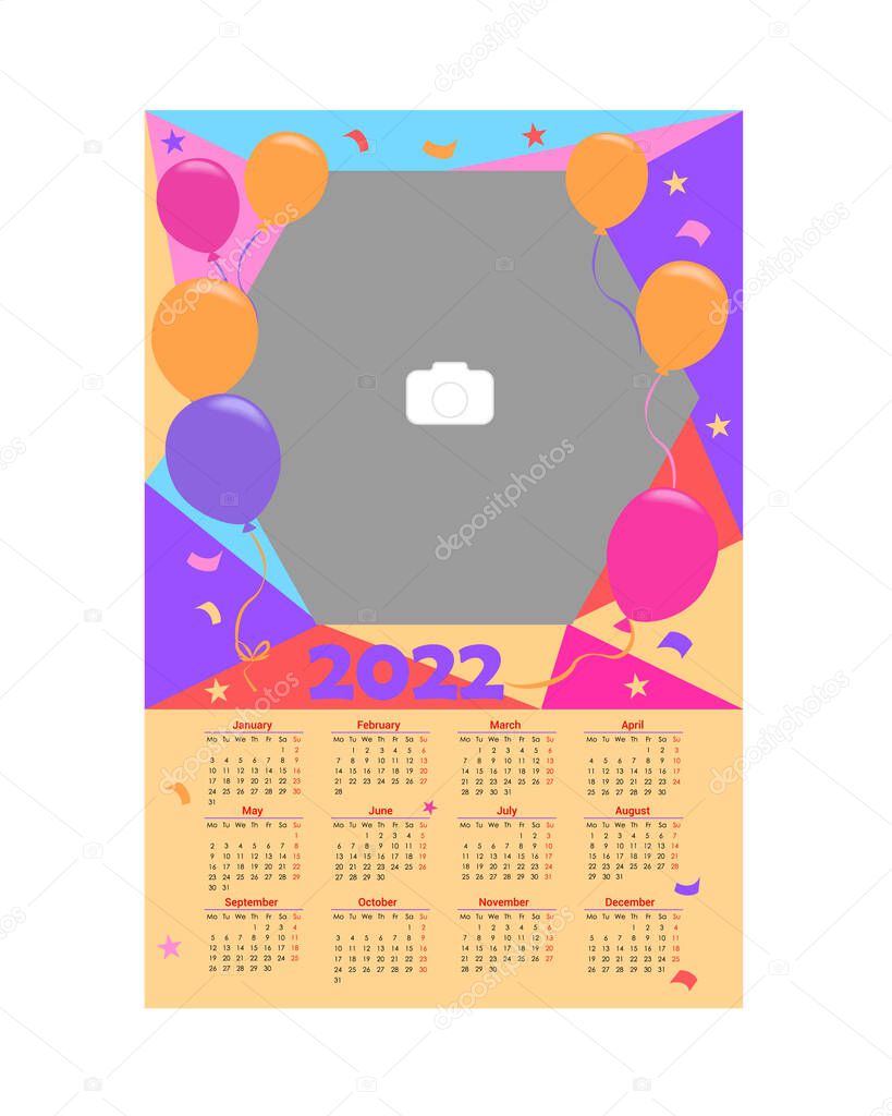 Wall Photo Calendar 2022. Simple, colorful, baby birthday, holiday vertical photo calendar template. Calendar design 2022 year in English. Week starts from Monday. Vector illustration