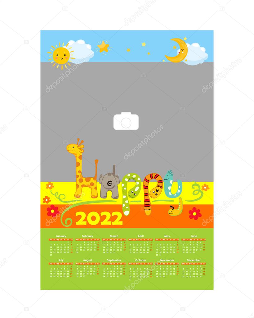 Wall Photo Calendar 2022. Simple, colorful, baby, birthday, holiday vertical photo calendar template. Calendar design 2022 year in English. Week starts from Monday. Vector illustration