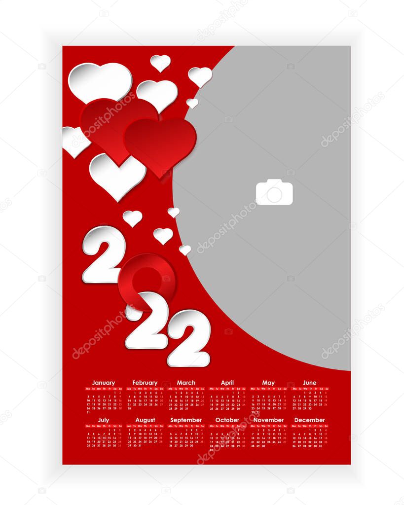Wall Photo Calendar 2022. Beautiful, vertical photo calendar template with heart. Love concept. Calendar design 2022 year in English. Week starts from Monday. Vector illustration