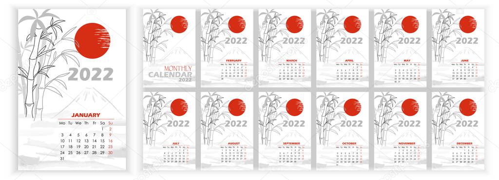 Wall Monthly Photo Calendar 2022. Vertical photo calendar 2022 year in English with sun, mountain, bamboo. Japanese style. Cover Calendar, 12 months templates. Week starts from Monday. Vector illustration
