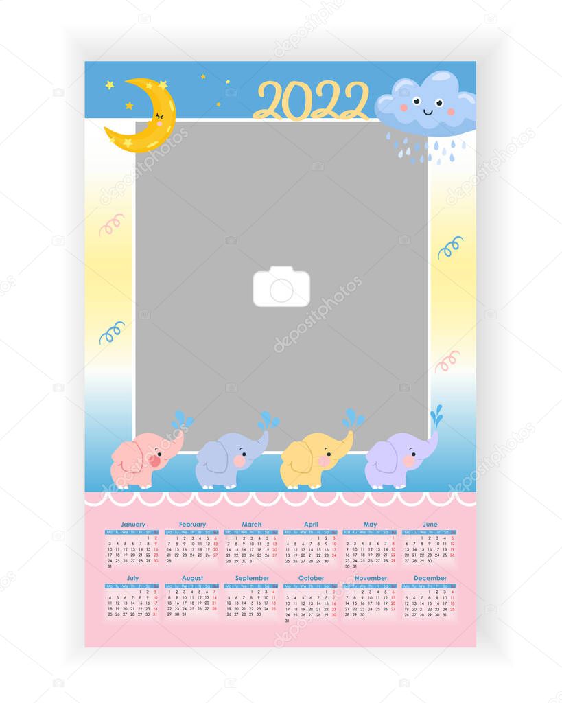 Wall Photo Calendar 2022. Cute, colorful, baby, summer holiday, vertical photo calendar template. Calendar design 2022 year in English. Week starts from Monday. Vector illustration