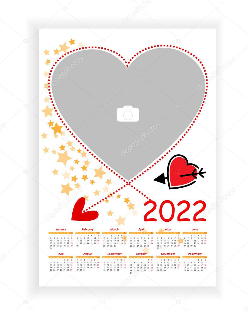 Wall Photo Calendar 2022. Beautiful, vertical photo calendar template with heart. Calendar design 2022 year in English. Week starts from Monday. Vector illustration