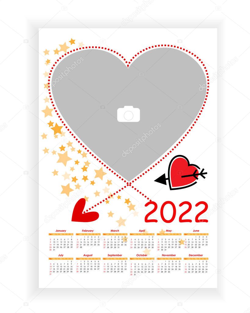 Wall Photo Calendar 2022. Beautiful, vertical photo calendar template with heart. Love concept. Calendar design 2022 year in English. Week starts from Sunday. Vector illustration