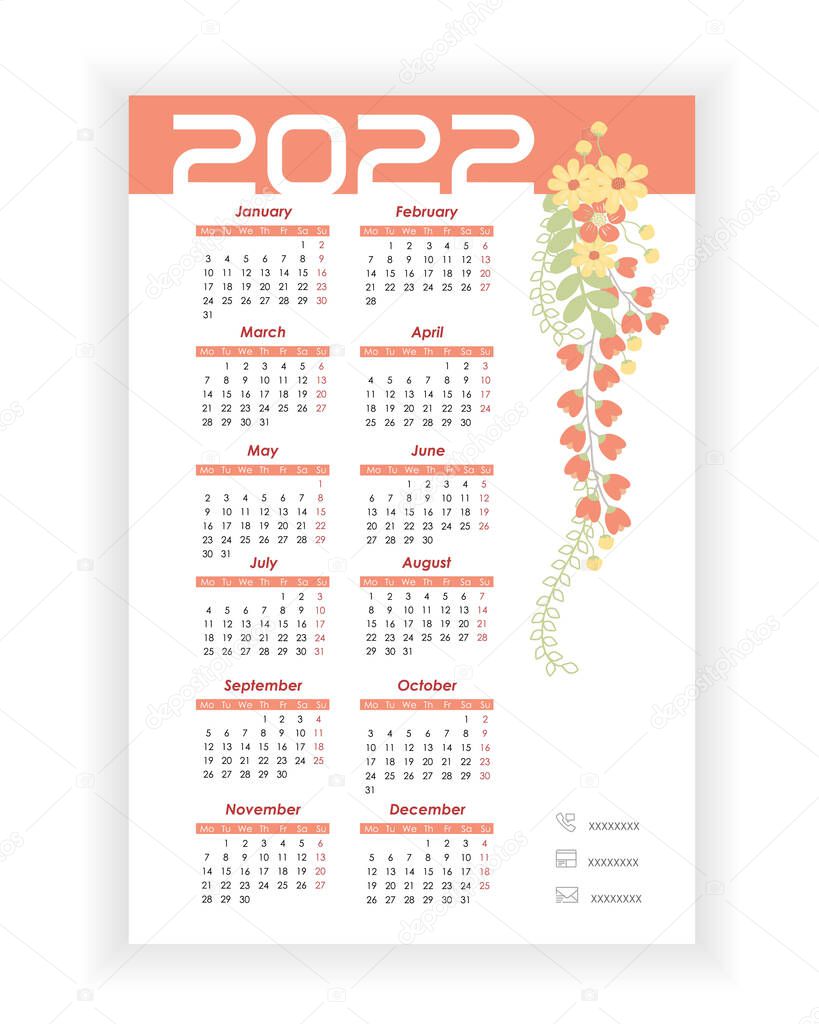 Wall Calendar 2022. Beautiful, elegant, floral vertical photo calendar template. Calendar design 2022 year in English. Week starts from Monday. Vector illustration