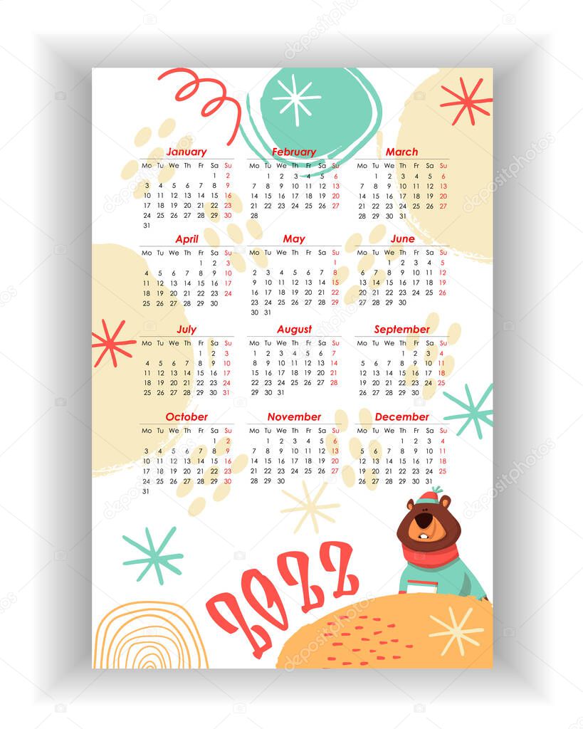 Wall Calendar 2022. Simple, colorful, baby birthday, holiday vertical photo calendar template with cute bear. Calendar design 2022 year in English. Week starts from Monday. Vector illustration