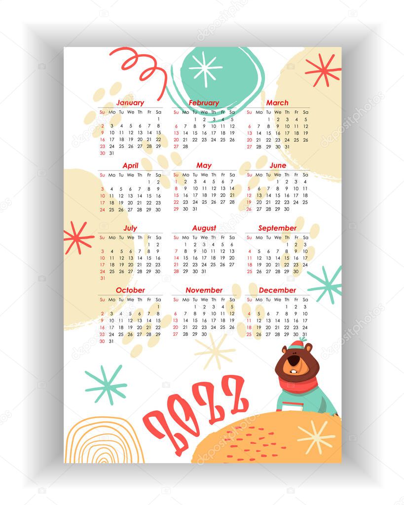 Wall Calendar 2022. Simple, colorful, baby birthday, holiday vertical photo calendar template with cute bear. Calendar design 2022 year in English. Week starts from Sunday. Vector illustration