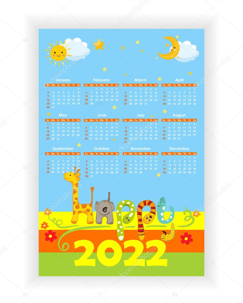 Wall Calendar 2022. Simple, colorful, baby birthday, holiday vertical photo calendar template with cartoon characters. Calendar design 2022 year in English. Week starts from Sunday. Vector illustration