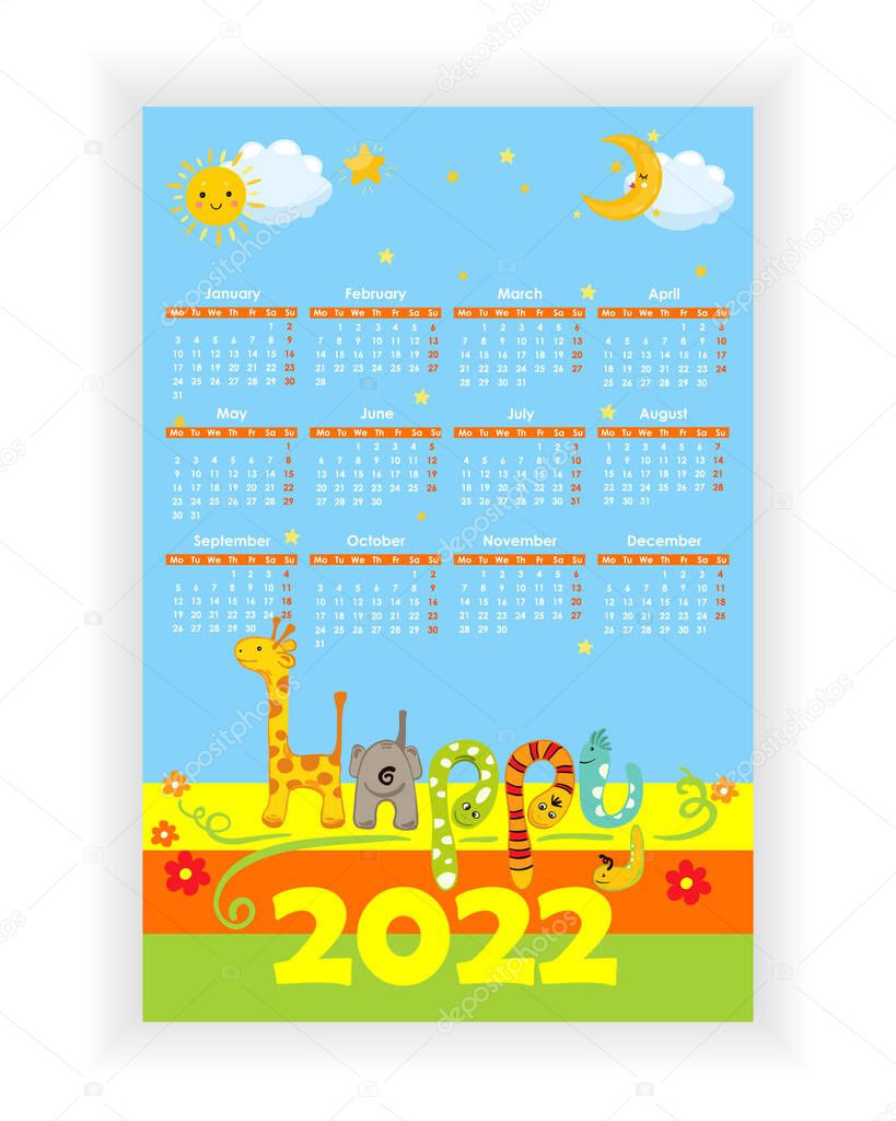 Wall Calendar 2022. Simple, colorful, baby birthday, holiday vertical photo calendar template with cartoon characters. Calendar design 2022 year in English. Week starts from Monday. Vector illustration