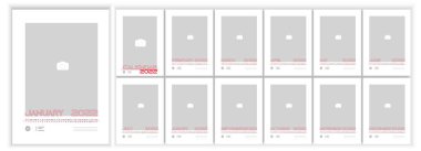 Wall Monthly Fotoğraf Takvimi 2022. İngilizce 2022 yılı için aylık dikey fotoğraf takvimi düzeni. Takvim, 12 aylık şablon. Hafta Pazartesiden itibaren başlıyor - Pazar. Yatay, çizgi veri ızgarası. Vektör illüstrasyonu