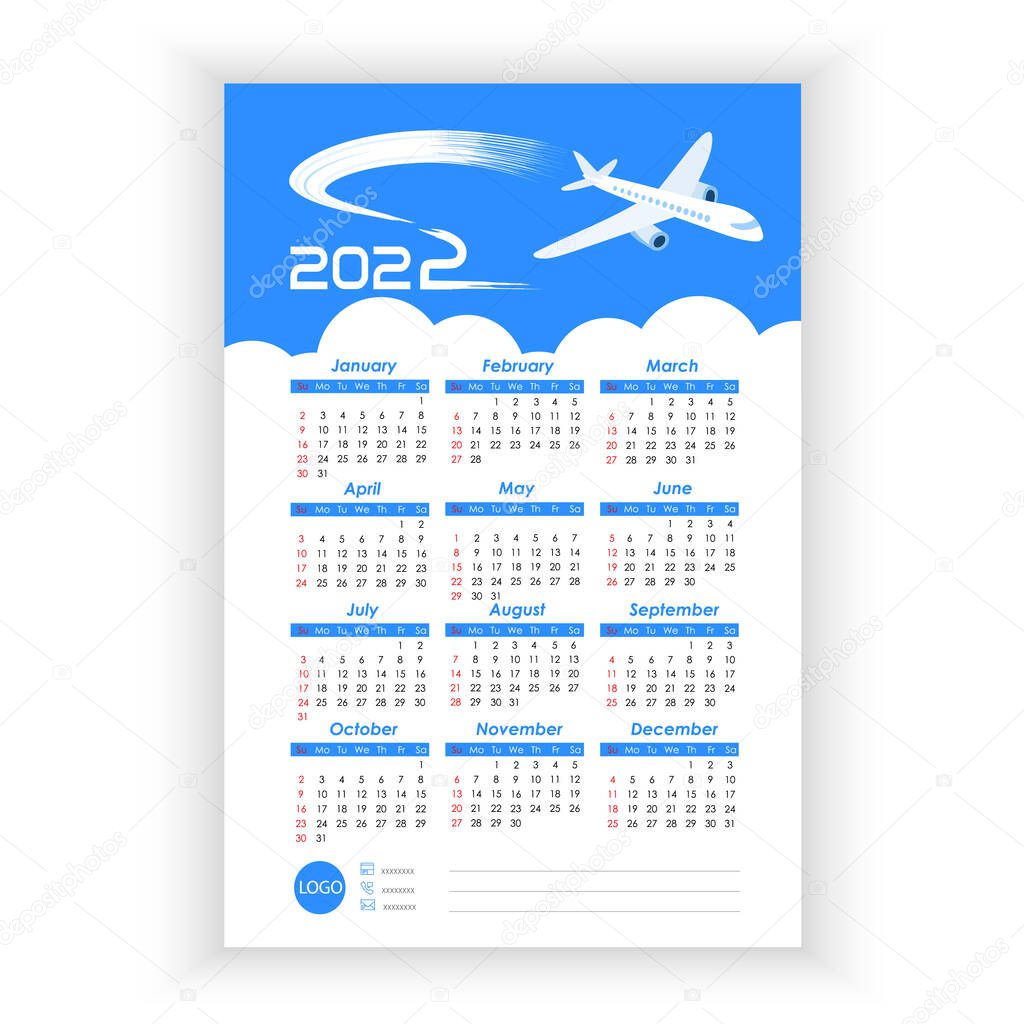 Wall Calendar 2022. Travel, voyage concept. Simple, vertical calendar template with flying airplane on blue sky. Calendar design 2022 year in English. Week starts from Sunday. Vector illustration