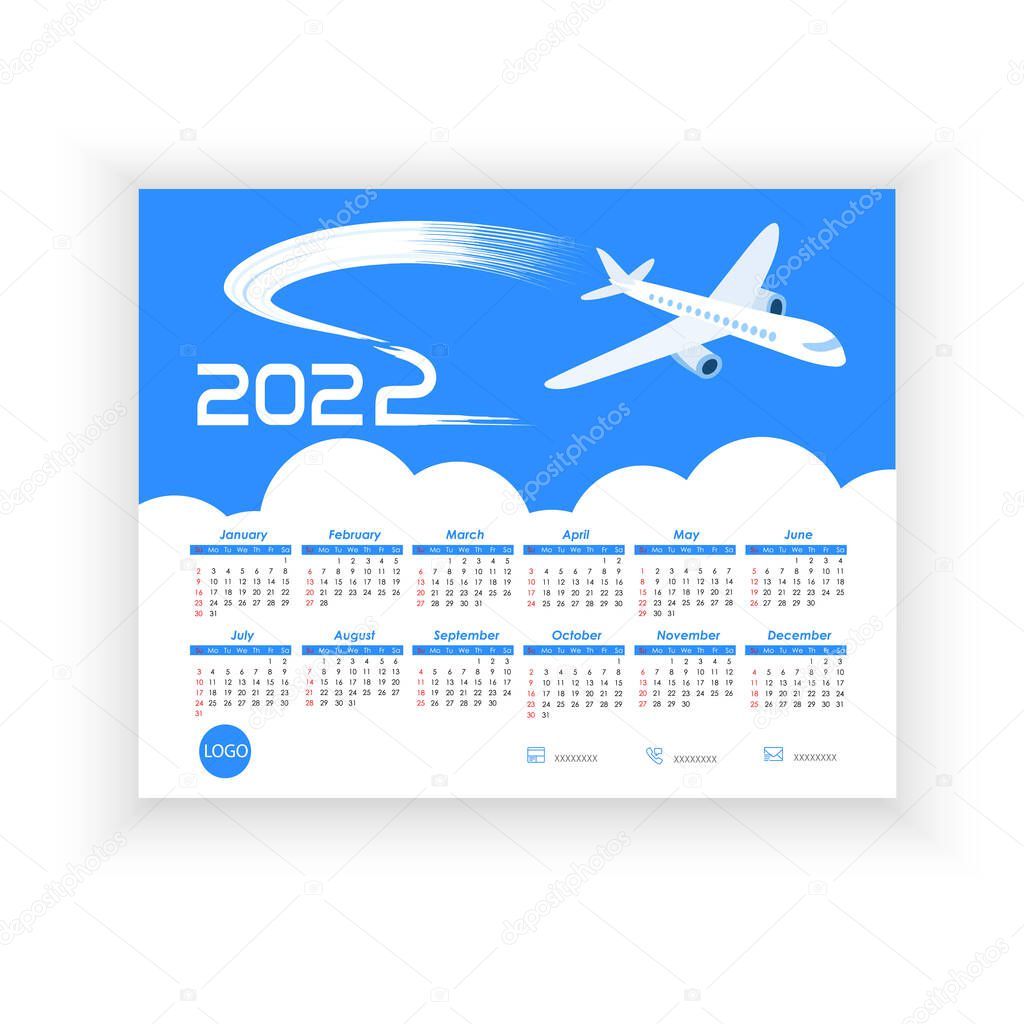 Desktop Calendar 2022. Travel, voyage concept. Simple, horizontal calendar template with flying airplane on blue sky. Calendar design 2022 year in English. Week starts from Sunday. Vector illustration