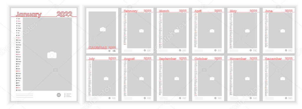 Wall Monthly Photo Calendar 2022. Simple monthly vertical photo calendar Layout for 2022 year in English. Cover Calendar, 12 months templates. Week starts from Monday - Sunday.  Vertical, line data grid. Vector illustration