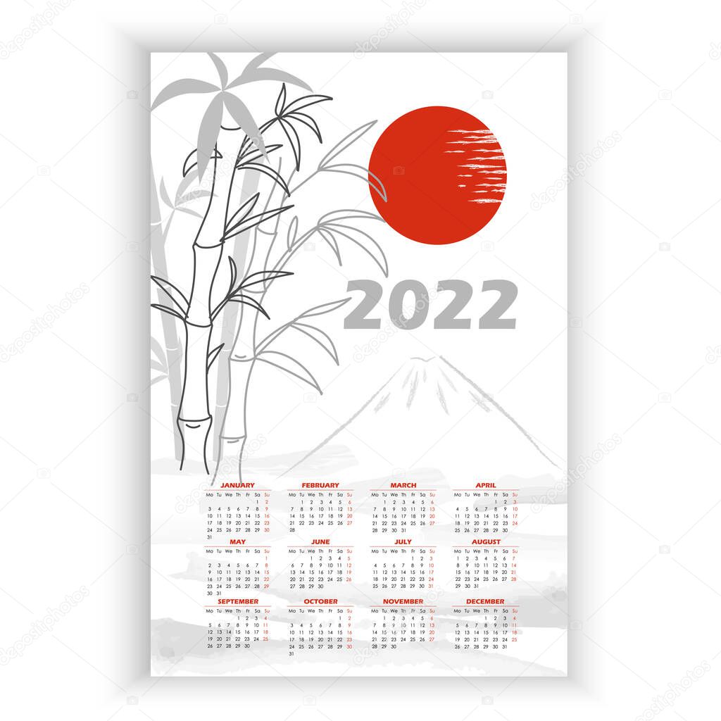 Wall Calendar 2022. Vertical photo calendar 2022 year in English with sun, mountain, bamboo. Japanese style. Cover Calendar, 12 months templates. Week starts from Monday. Vector illustration
