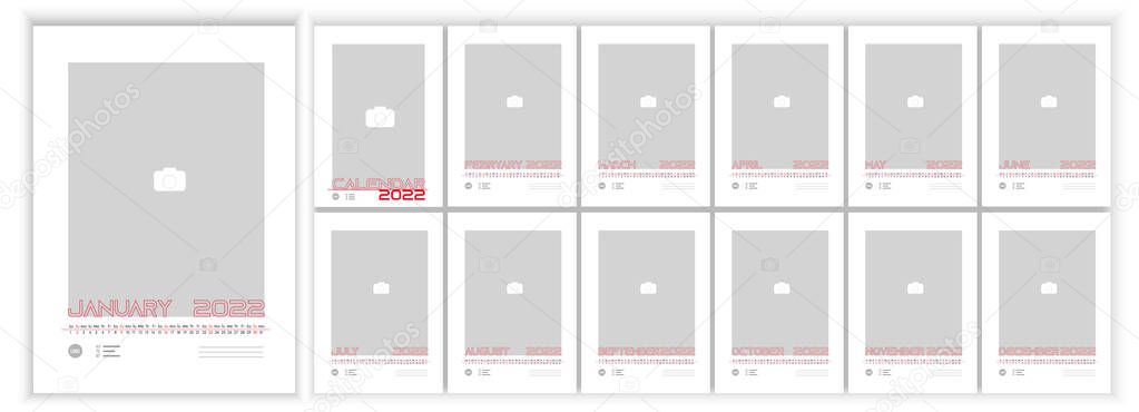 Wall Monthly Photo Calendar 2022. Simple monthly vertical photo calendar Layout for 2022 year in English. Cover Calendar, 12 months templates. Week starts from Monday - Sunday.  Horizontal, line data grid. Vector illustration