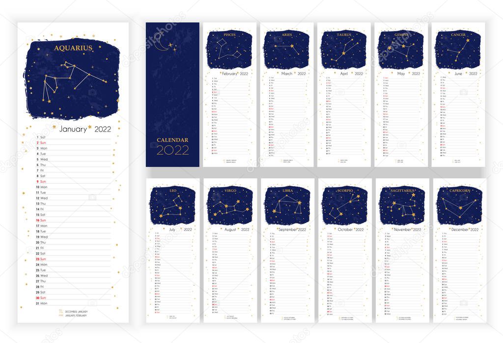 Astrology Wall Monthly Calendar 2022. Vertical photo calendar Layout for 2022 year in English with zodiac signs, star, moon on blue sky. Cover Calendar, 12 months templates. Vertical data grids. Flat vector illustration