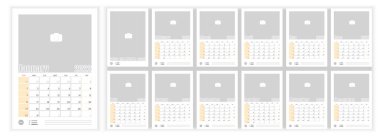 Wall Monthly Fotoğraf Takvimi 2022. İngilizce 2022 yılı için aylık dikey fotoğraf takvimi düzeni. Takvim, 12 aylık şablon. Hafta pazar günü başlıyor. Vektör illüstrasyonu