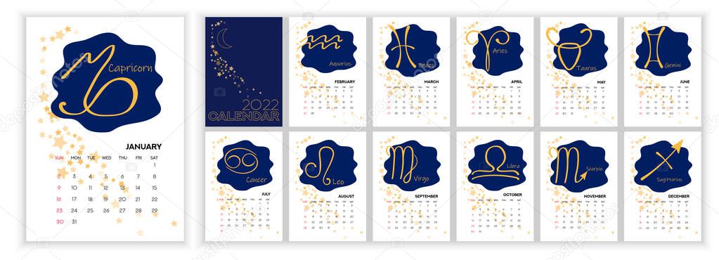 Astrology Wall Monthly Calendar 2022. Vertical photo calendar Layout for 2022 year in English with zodiac signs, star, moon on blue sky. Cover Calendar, 12 months templates. Sunday week start. Vector illustration