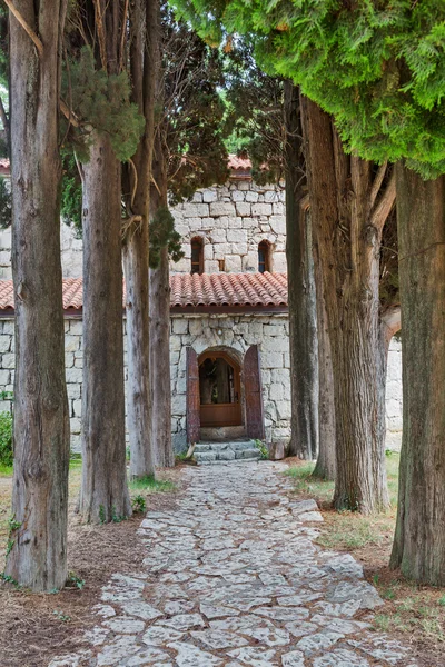 Asfaltová silnice do starého kostela — Stock fotografie