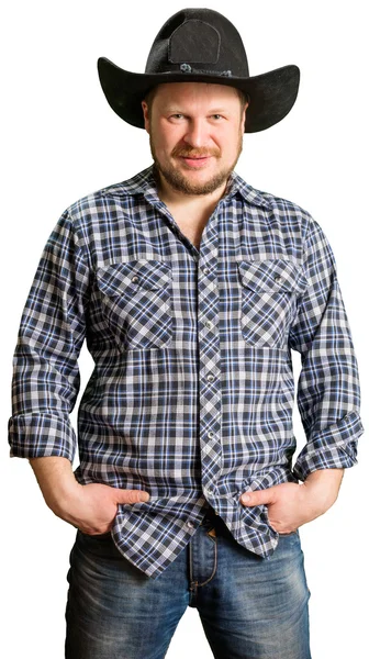 Cowboy man op plaid shirt met zwarte hoed — Stockfoto