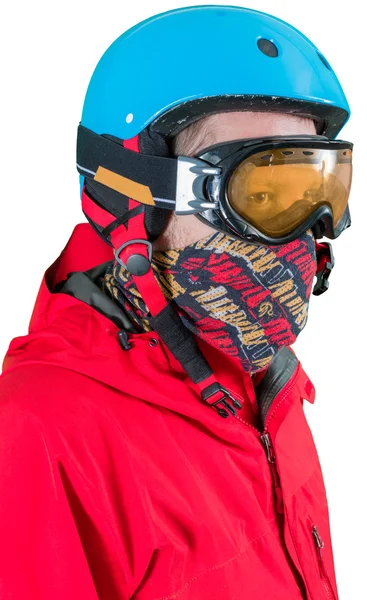 Snowboarder em casaco vermelho com capacete protetor e óculos — Fotografia de Stock