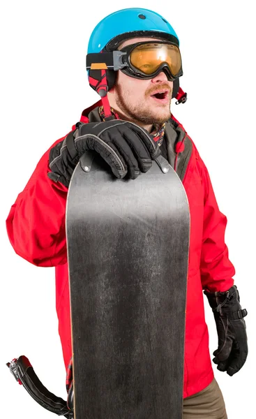 Mann in roter Jacke steht mit Snowboard — Stockfoto