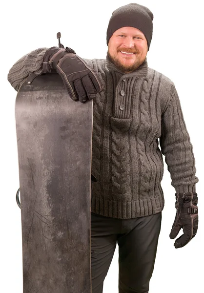 Homem de camisola de pé com snowboard — Fotografia de Stock