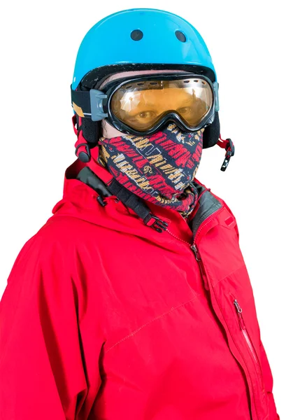 Snowboarder en chaqueta roja con casco protector y gafas — Foto de Stock