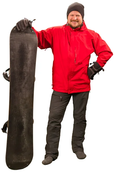 Homem de jaqueta vermelha de pé com snowboard — Fotografia de Stock