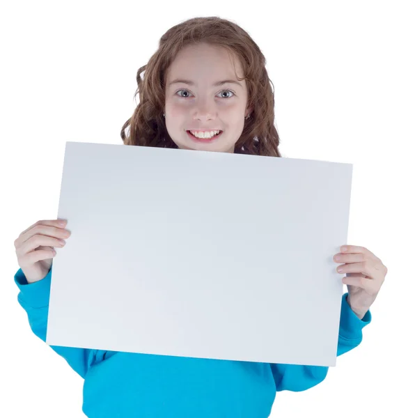 Pretty teen girl with blank poster — Stock Photo, Image