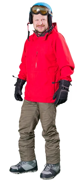 Koruyucu kask ve gözlük ile kırmızı ceketli Snowboarder — Stok fotoğraf