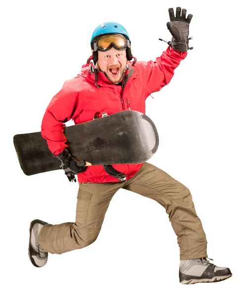Snowboarder em jaqueta vermelha com capacete protetor e óculos jum — Fotografia de Stock