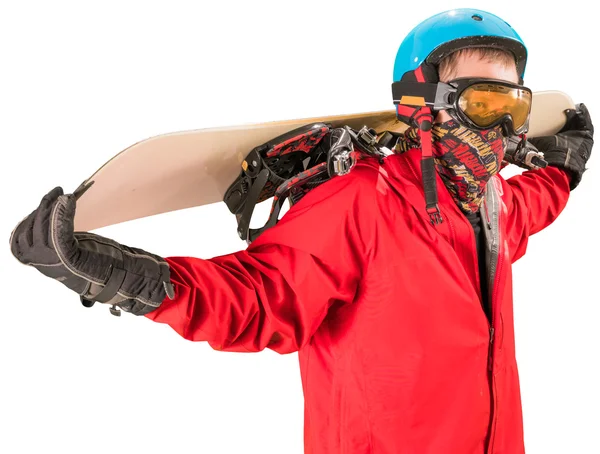 Homem de jaqueta vermelha de pé com snowboard — Fotografia de Stock