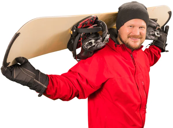 Homem de jaqueta vermelha de pé com snowboard — Fotografia de Stock