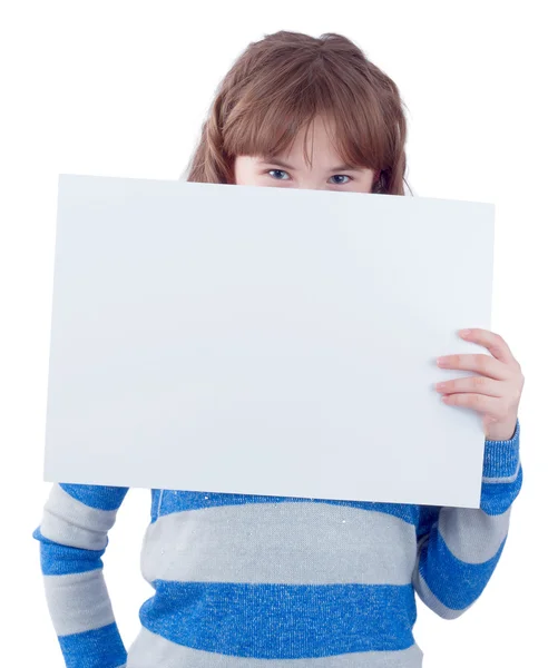 Linda chica adolescente con cartel en blanco — Foto de Stock