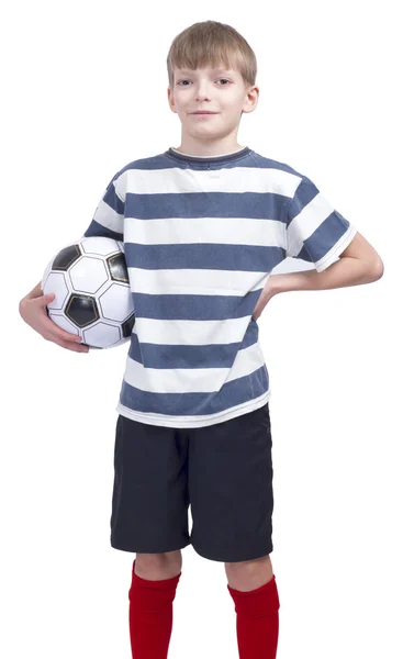 Giovane giocatore di calcio a strisce t-shirt — Foto Stock