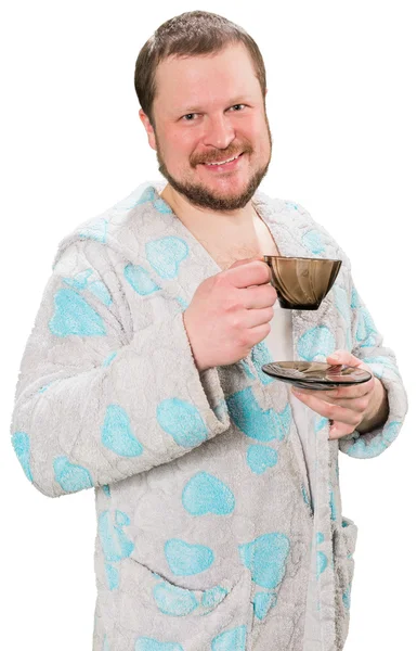 Bärtiger Mann mittleren Alters im Bademantel trinkt Kaffee — Stockfoto