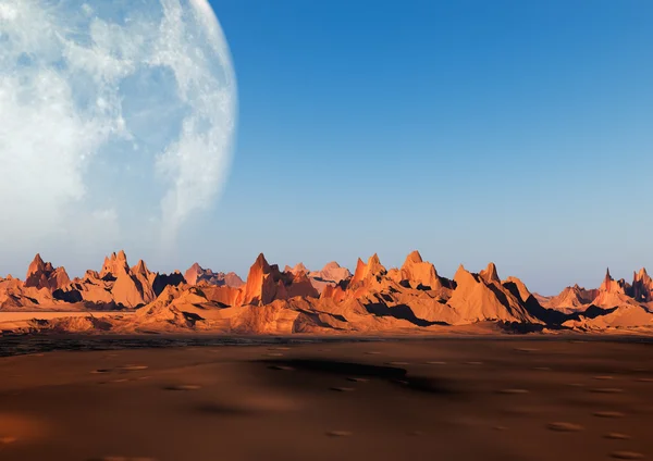 Illustrazione 3D del paesaggio montano con grande luna — Foto Stock