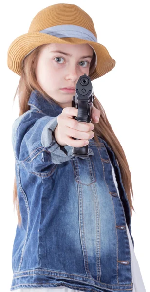 Menina bonita com um chapéu sentado — Fotografia de Stock