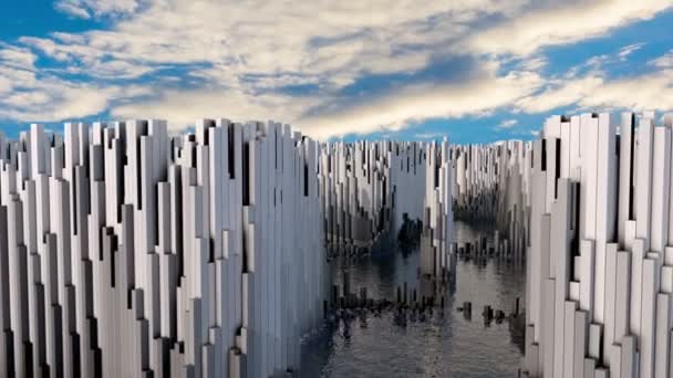 Illustrazione 3D della struttura di rendering astratta fatta di milioni di colonne sull'acqua — Video Stock