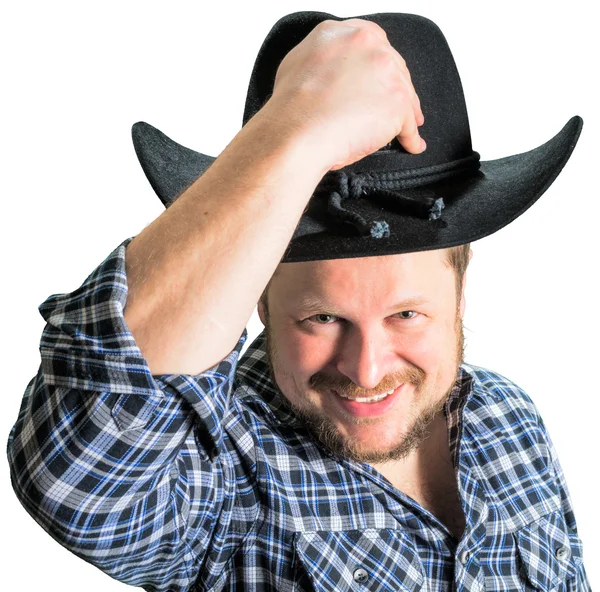 Cowboy pria di kemeja kotak-kotak dengan topi hitam — Stok Foto