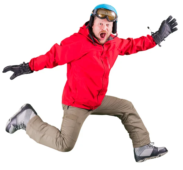 Snowboarder in roter Jacke mit Schutzhelm und Brille — Stockfoto