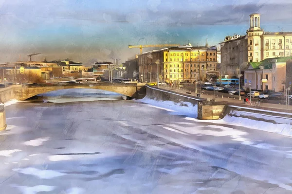 モスクワ川堤防と都市景観カラフルな絵のように見えます — ストック写真