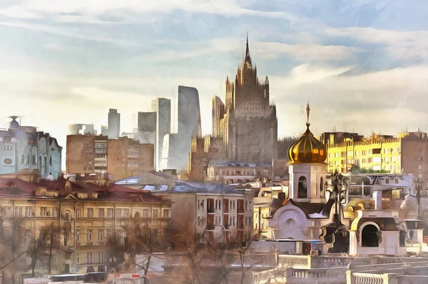 Moskova şehir manzarası renkli resim gibi görünüyor — Stok fotoğraf