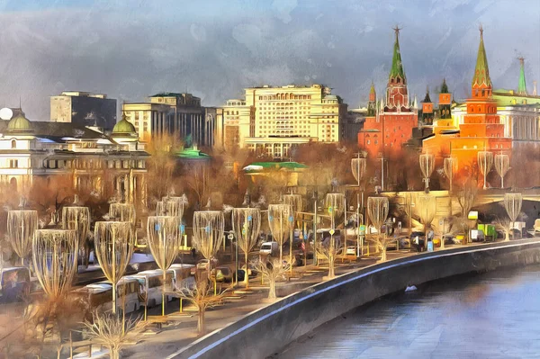 Moskva stadsbild med Kreml och Moskva floden färgglada målning ser ut som bild — Stockfoto