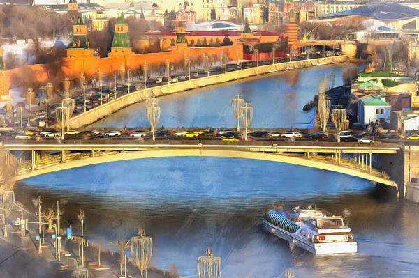 Moskou stadsgezicht met Kremlin en Moskva rivier kleurrijke schilderij ziet eruit als foto — Stockfoto