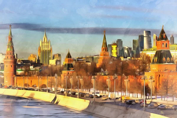 Stadsgezicht met Kremlin en Moskva rivier kleurrijk schilderij ziet eruit als foto — Stockfoto