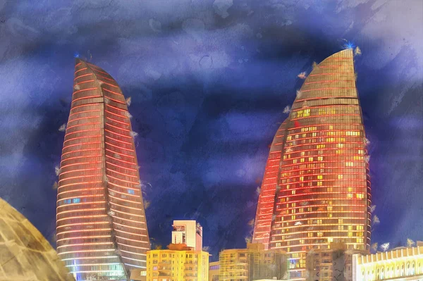 Pintura colorida de rascacielos Flame Towers por la noche —  Fotos de Stock